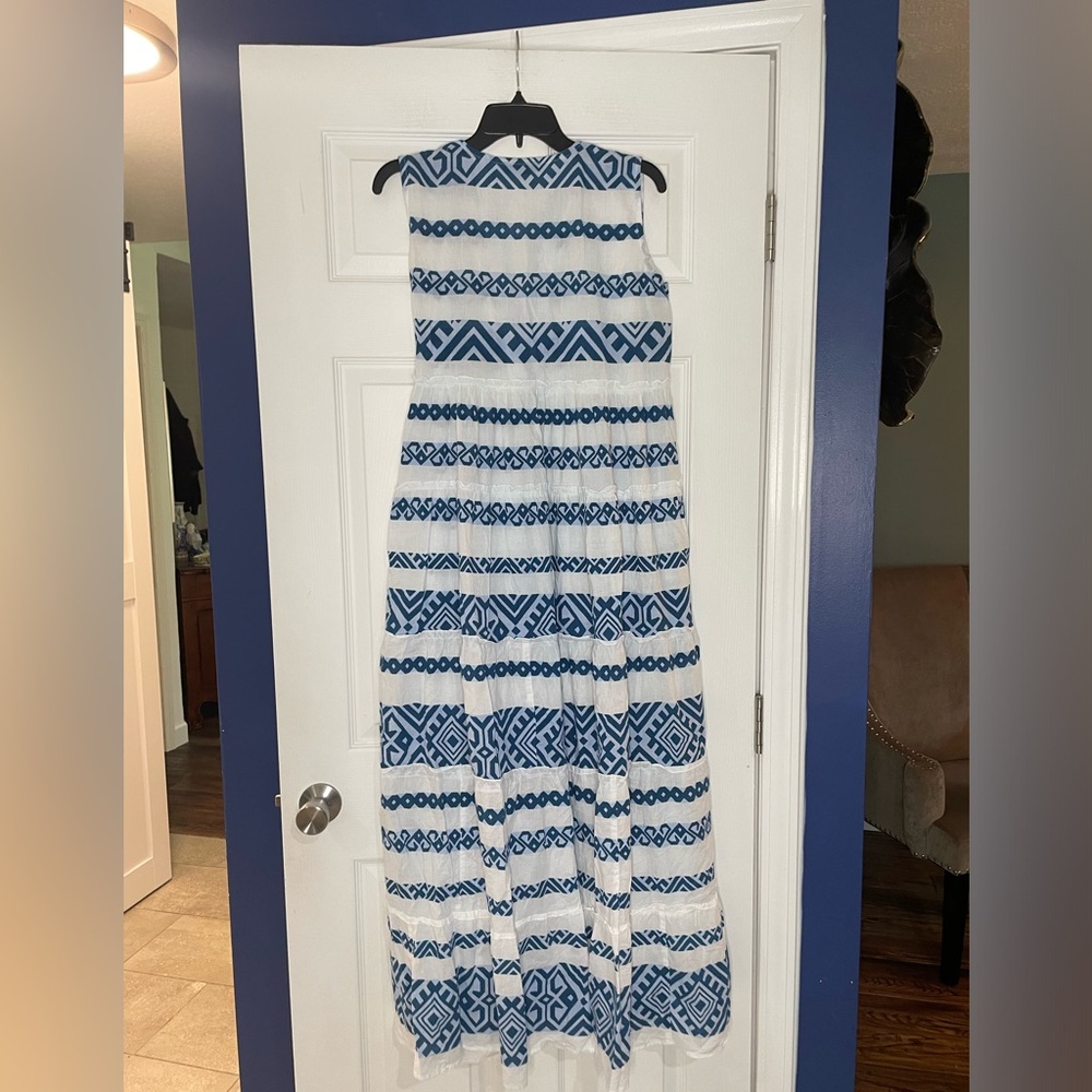BINDU Blue White Striped A-Line Maxi Dress Bohemian Sleeveless Resort - Medium - Picture 3 of 4